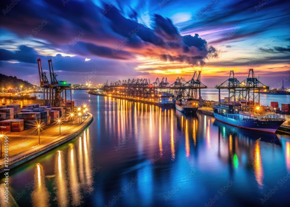 Fototapeta premium Night's harbor lights shimmer on water, a breathtaking cityscape reflected in the long exposure's dreamy glow.
