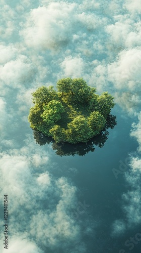 Small green island surrounded by clouds reflecting in the water.