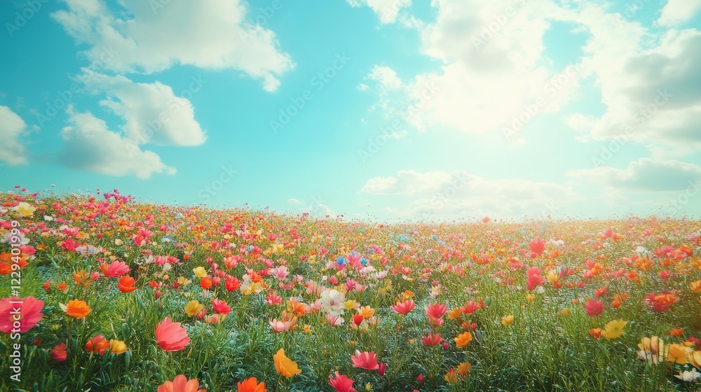 A vibrant field of colorful wildflowers in full bloom, stretching as far as the eye can see under a bright blue sky. The flowers create a stunning contrast against the lush green grass. A vibrant field of colorful wildflowers in full bloom, stretching as far as the eye can see under a bright blue sky. The flowers create a stunning contrast against the lush green grass.