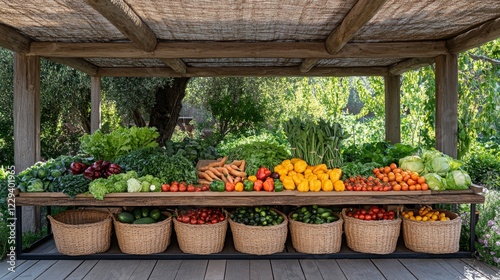 A vibrant farmers' market stand filled with fresh, organic vegetables like carrots, tomatoes, and lettuce, displayed in woven baskets on a wooden table under a rustic canopy. photo