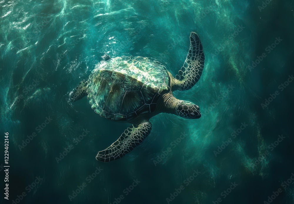 Obraz premium Majestic Sea Turtle Swimming Gracefully Through Clear Aquatic Environment Under Sunlit Waters