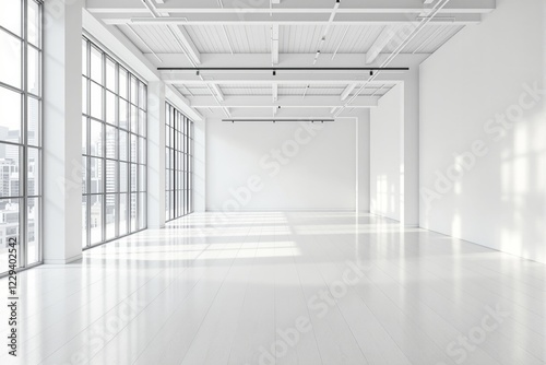 Spacious modern interior with white walls, high ceiling, and large windows, allowing natural light. Minimalist concept of open space. Ai generative