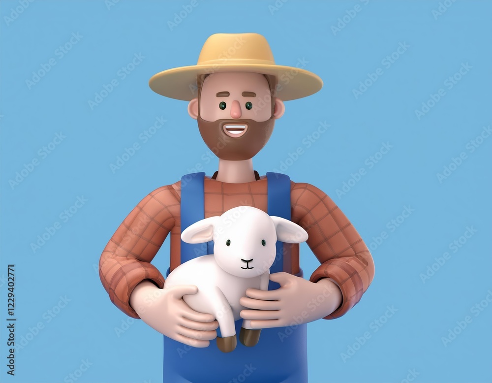 3D Illustration smiling farmer gently cradles a fluffy lamb in his arms 3D Illustration smiling farmer gently cradles a fluffy lamb in his arms