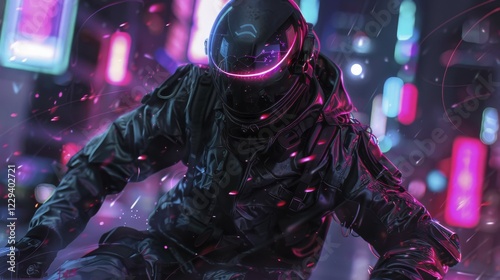 Rider in black gear with neon helmet highlights on a futuristic motorcycle in the rain, AI generated photo