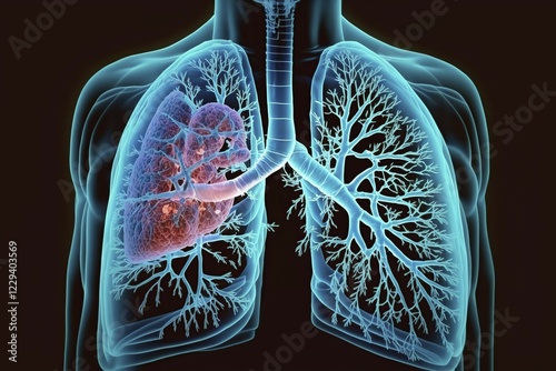 Schematic representation of a lung with bronchi and bronchioles as well as expression of a metastatic lung carcinoma (bronchial carcinoma) (lung cancer), AI generated photo