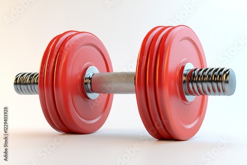 Bright red dumbbell rests on a light background, showcasing a modern design suitable for home workouts and fitness enthusiasts photo