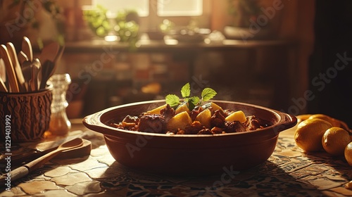 Steaming stew in a terracotta pot on a mosaic table in a rustic kitchen.