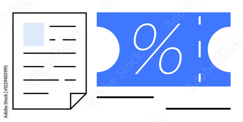 Document with lines and a discount voucher showing percentage sign and a dashed line. Ideal for marketing, finance, savings, sales, promotions, coupons, discounts. Abstract line flat metaphor