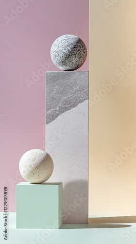 Stone spheres balanced on marble and pastel blocks.