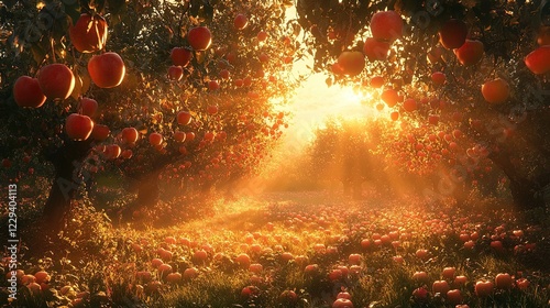 Apple orchard glowing softly at dawn, with rays of light piercing through the misty air  photo