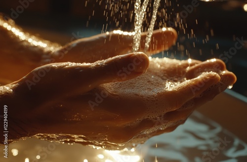 A person is thoroughly washing their hands with soap at a sink