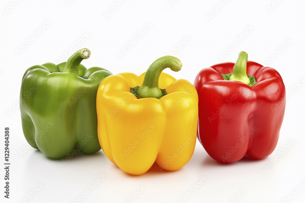 Mix of green, yellow and red bell peppers on white background. KI generiert, generiert AI generated