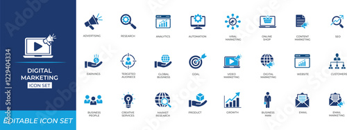 Digital marketing icon set. Solid vector symbol collection.