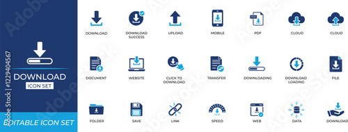 Download icon set, Buttons, browser, document, click, mark, save, binder, and data transfer symbols for apps, websites, and digital tools.