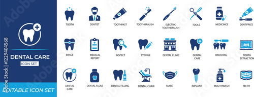 Dental icon set featuring teeth care, dentistry, dental, dentist, anatomy, cavity, editable, human, mouth, oral, problem, shine, and orthodontic visuals.