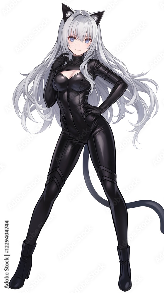 Dynamic anime cat girl in sleek black bodysuit with flowing silver hair and combat stance, modern fantasy character design with feline elements and athletic movement Dynamic anime cat girl in sleek black bodysuit with flowing silver hair and combat stance, modern fantasy character design with feline elements and athletic movement