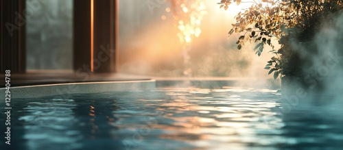 Steamy outdoor spa pool at sunrise.