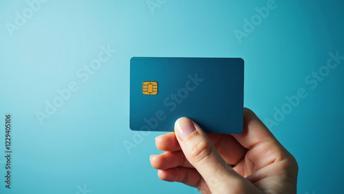 Close-up of a manicured hand holding a blank credit chip card on a vibrant blue background, ideal for banking, finance, and digital transaction marketing. photo