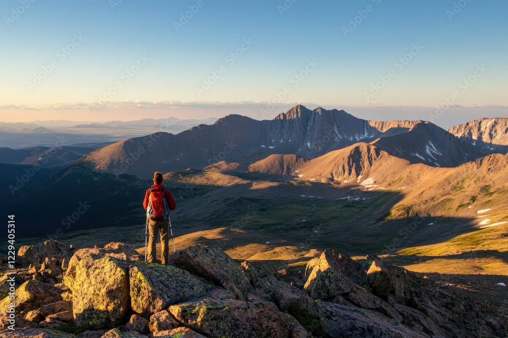 Obraz premium A man with a backpack stands on a mountain observing the view