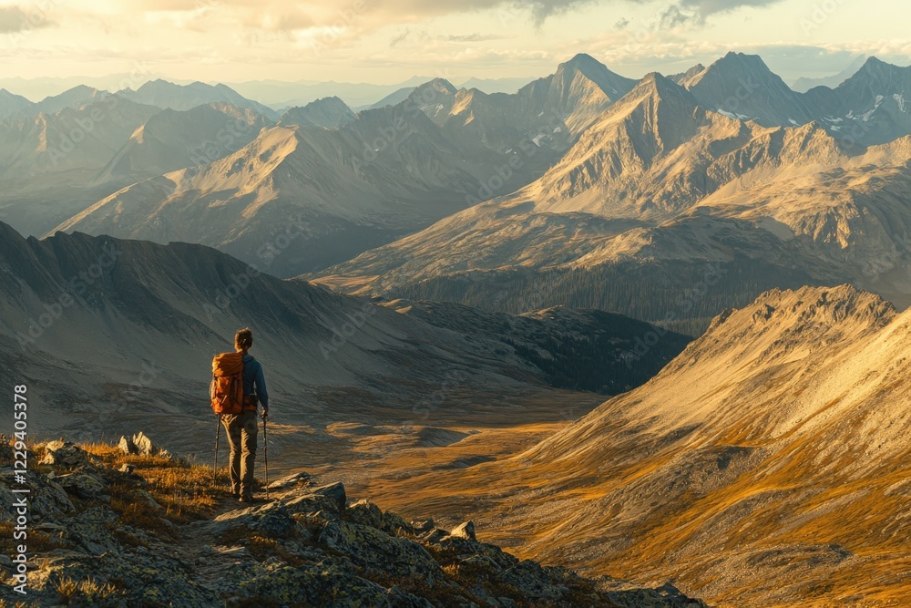 Obraz premium A man with a backpack stands on a mountain observing the view