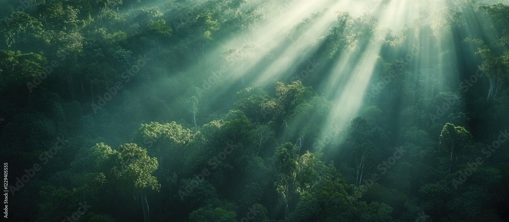 Fototapeta premium Sunbeams pierce misty rainforest canopy.