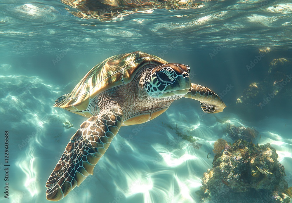 Fototapeta premium Majestic Sea Turtle Swimming Gracefully Through Crystal Clear Waters Surrounded by Vibrant Marine Life and Lush Underwater Flora