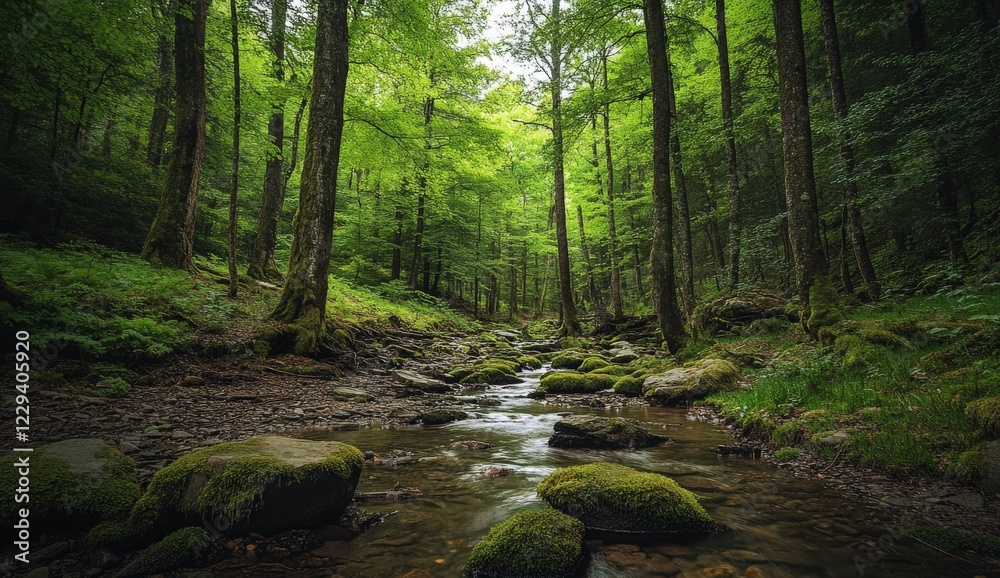 Fototapeta premium A beautiful river meanders through a lush and vibrant green forest