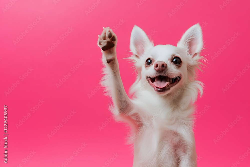 Adorable dog waving its paws isolated on a pink background Adorable dog waving its paws isolated on a pink background