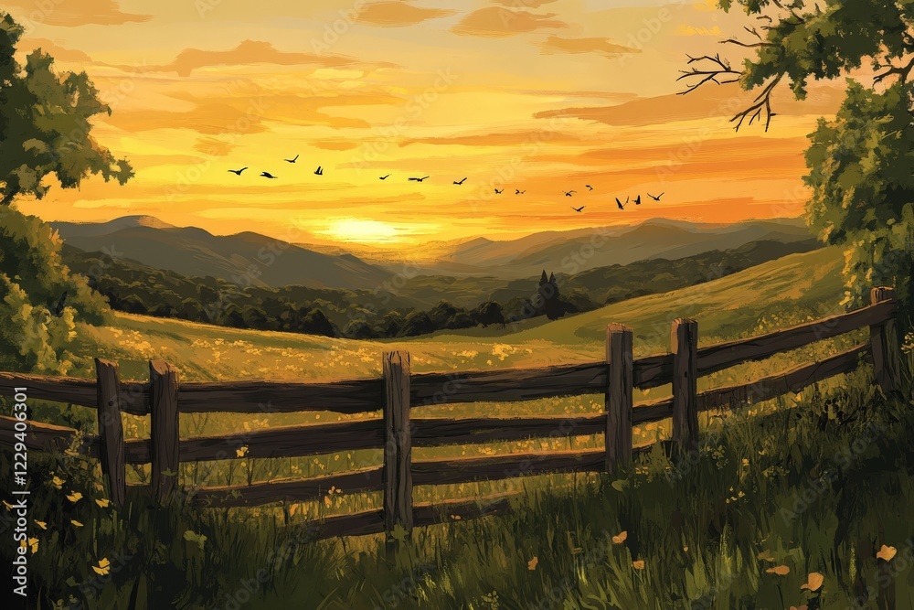 Obraz premium A wooden fence in front with a sunset in the background