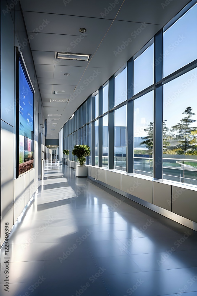 Long empty corridor in a modern hospital with natural light, AI generated, modern, architecture