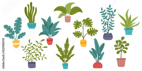 Set of houseplants isolated on white. Concept of indoor greenery, home decor, nature, botanical design, ecology, care, growth and sustainability. Vector hand drawn cliparts.