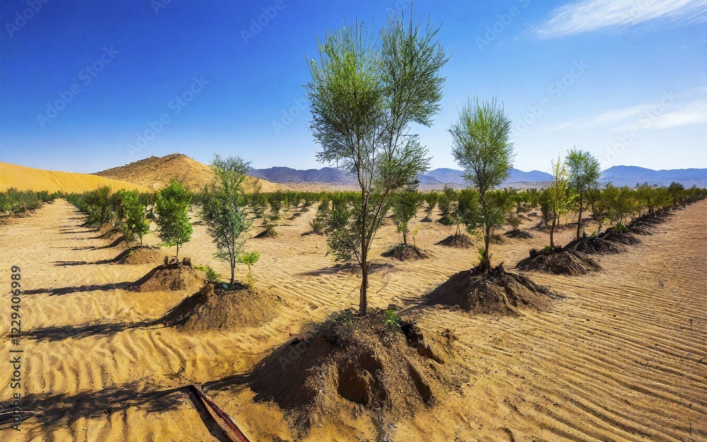 Reforestation in the desert against erosion to stop the spread of the desert, AI generated, AI generated