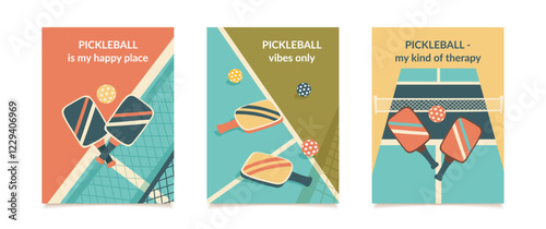 Set of pickleball posters. Collection of sports-themed cards with paddles, balls and court composition. Concept of sport, active lifestyle, fun and outdoor recreation. Vector hand drawn cards.