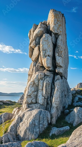 Tall cracked rock formation on grassy coast under blue sky.