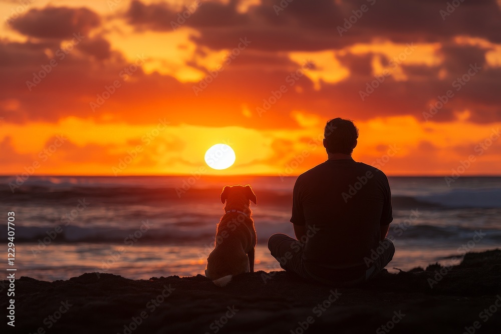 Man sits on the beach with dog watching a vibrant sunset over the ocean waves Man sits on the beach with dog watching a vibrant sunset over the ocean waves