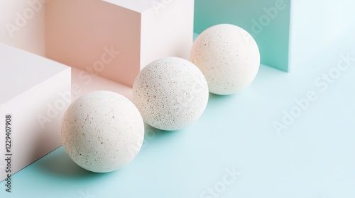 Three textured white spheres against pastel geometric backdrop.