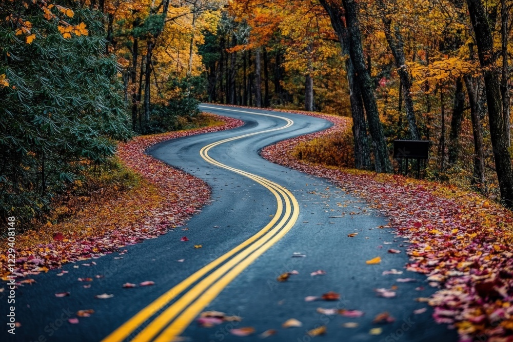 Obraz premium A winding road in beautiful woods surrounded by green leaves