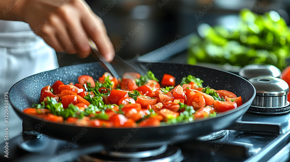 Chef cooking tomatoes and herbs in a pan Chef cooking tomatoes and herbs in a pan