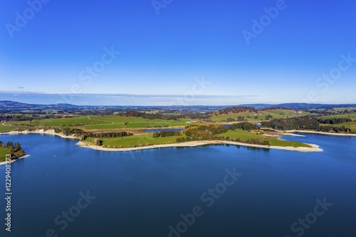 Drone shot, Reservoir Forggensee at low tide, Dietringen, region Füssen, Ostallgäu, Bavaria, Germany, Europe photo