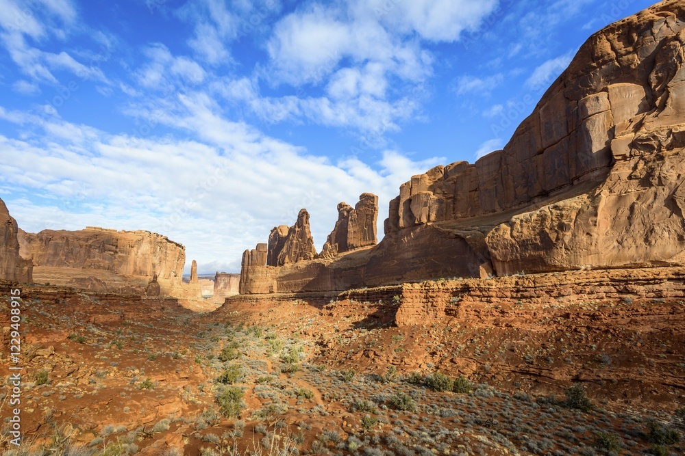 Park Avenue Trail, Rock formation of the Courthouse Towers, Arches National Park, Utah, USA, North America Park Avenue Trail, Rock formation of the Courthouse Towers, Arches National Park, Utah, USA, North America