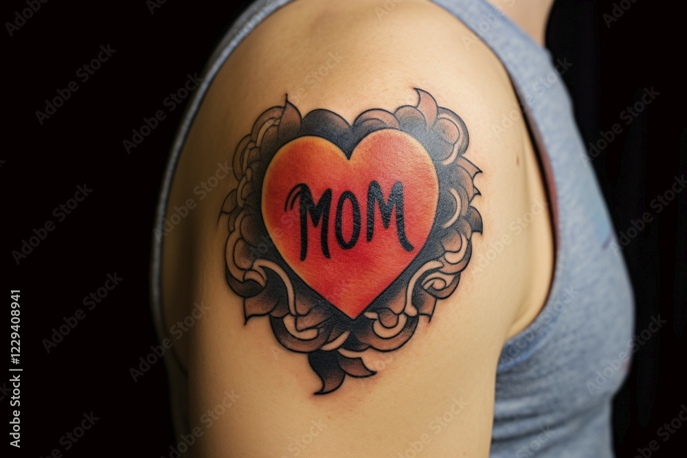 Heart with word MOM tattooed on man's upper arm. KI generiert, generiert AI generated