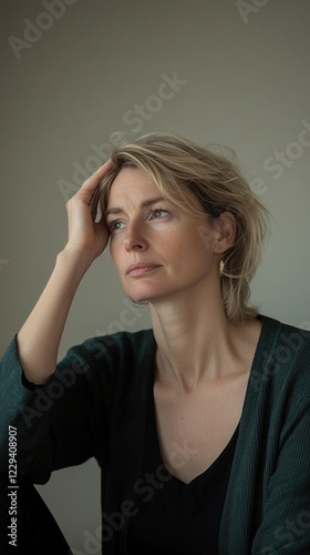 Thoughtful woman with hand on head.