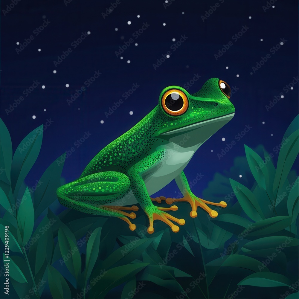 A vibrant green frog perched among lush foliage under a starry night sky. A vibrant green frog perched among lush foliage under a starry night sky.