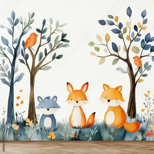 A whimsical mural featuring playful foxes and birds among colorful trees. photo