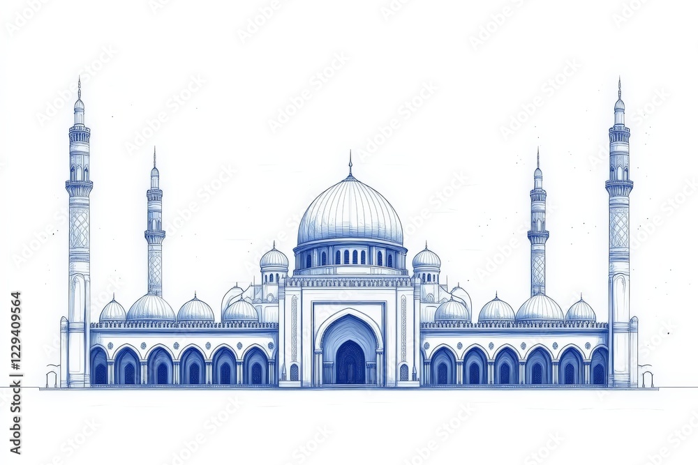 Obraz premium Intricate architectural design of a mosque featuring domes and minarets in blue and white tones