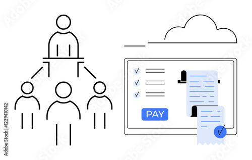 Hierarchical organization structure connecting four people next to online payment interface with receipt and pay button. Ideal for finance, organization, technology, management, online transactions