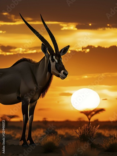 Gemsbok silhouette towering with a polemic accentuation of horns piercing through the orange dome of sun in the Kalahari, AI generated photo