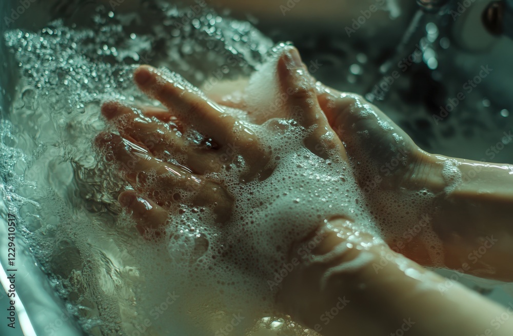 Fototapeta premium A person is thoroughly washing their hands with soap at a sink