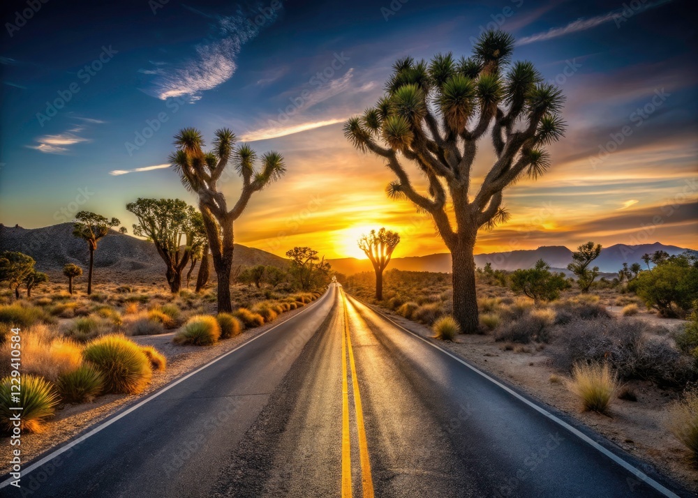 Fototapeta premium Stark Joshua trees punctuate the Arizona desert; a lone road stretches into the minimalist landscape.