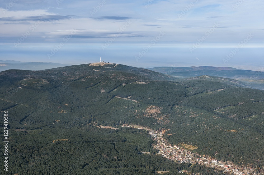 Obraz premium Aerial view, Upper Harz with Brocken Mountain, 1141.2 m above sea level, village of Schierke at the front, Harz National Park, Mittelgebirge Mountains, Saxony-Anhalt, Germany, Europe